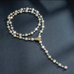 Eleagnt diamond leaf faux pearl bead lariat necklace