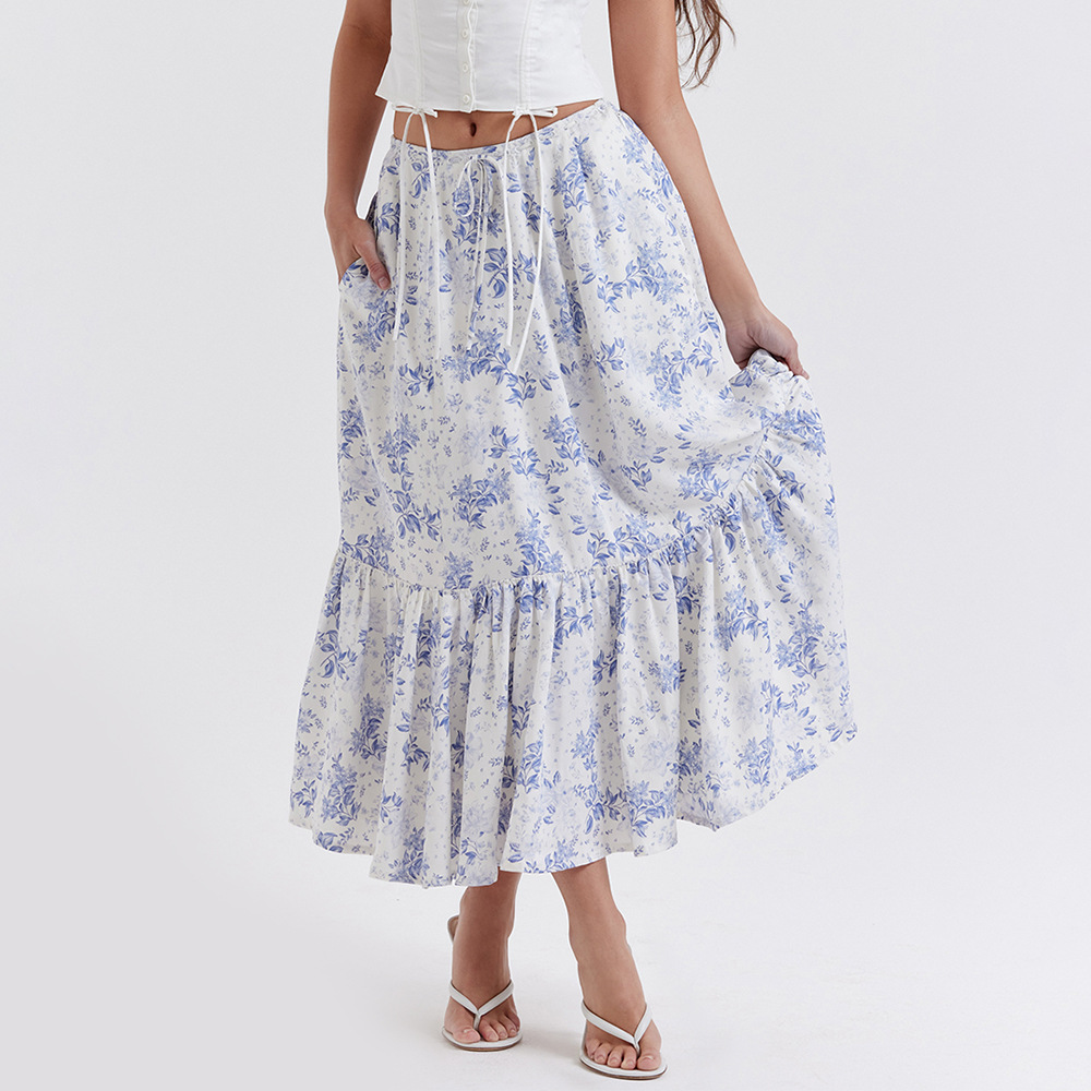 Y2K Sweet blue floral maxi skirt,Maxi Dress