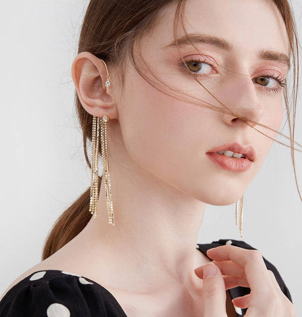Super shiny rhinestone chain tassel copper ear wrap