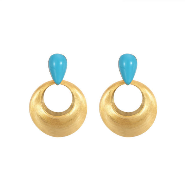 Concise gold plated copper geometric circle dangle earrings