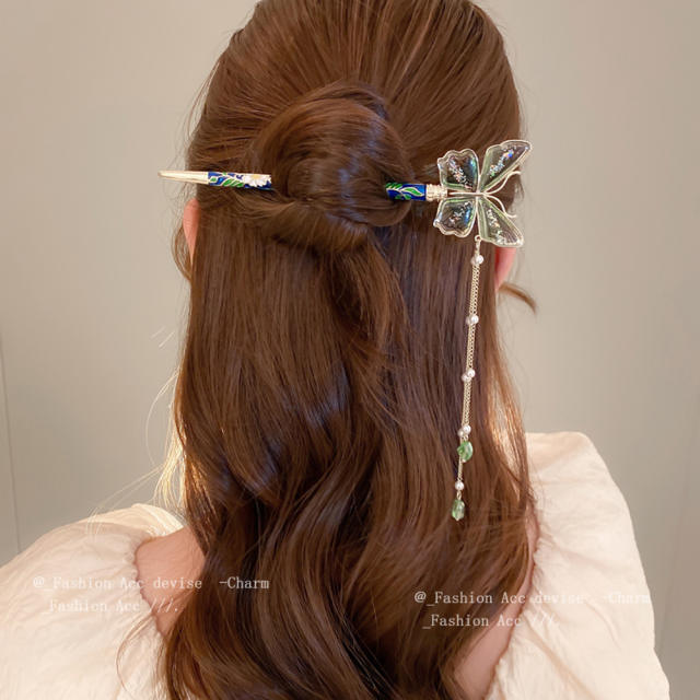 Chinese trend color crystal butterfly tassel hair sticks