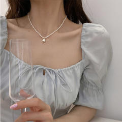 Elegant water pearl bead real gold plated smile face heart choker neckace