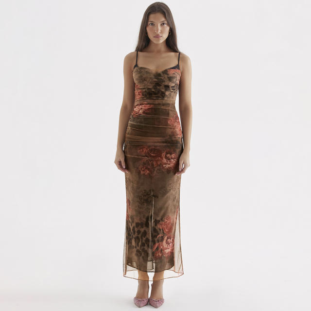 Sexy brown color mesh material slip maxi dress