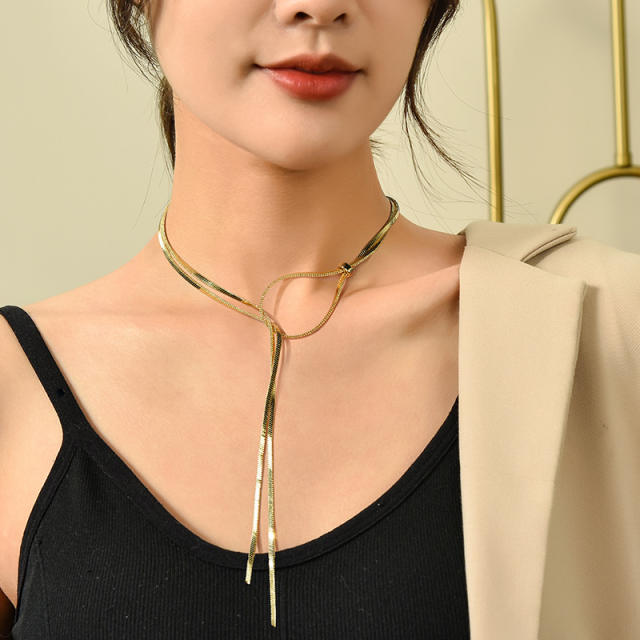 Concise stainless steel snake chain lariat necklace