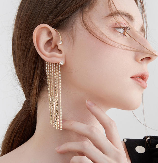 Super shiny rhinestone chain tassel copper ear wrap