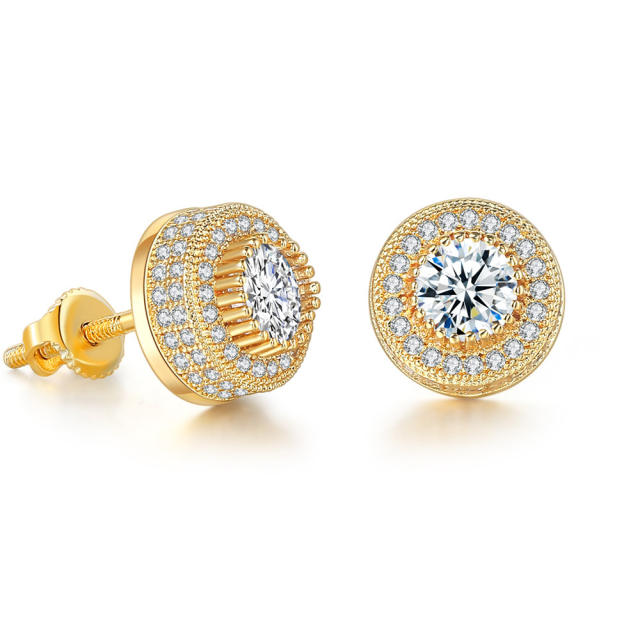 Hiphop full diamond gold plated copper ear studs for men