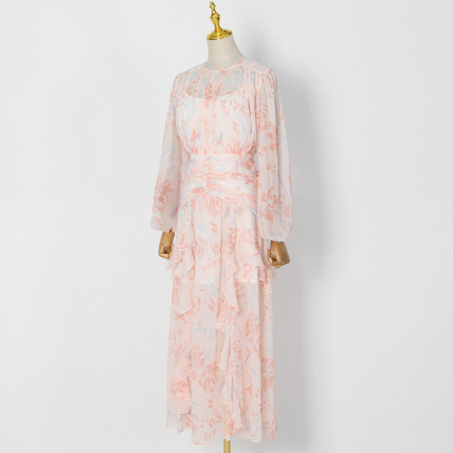Summer design floral printing long sleeve maxi dress