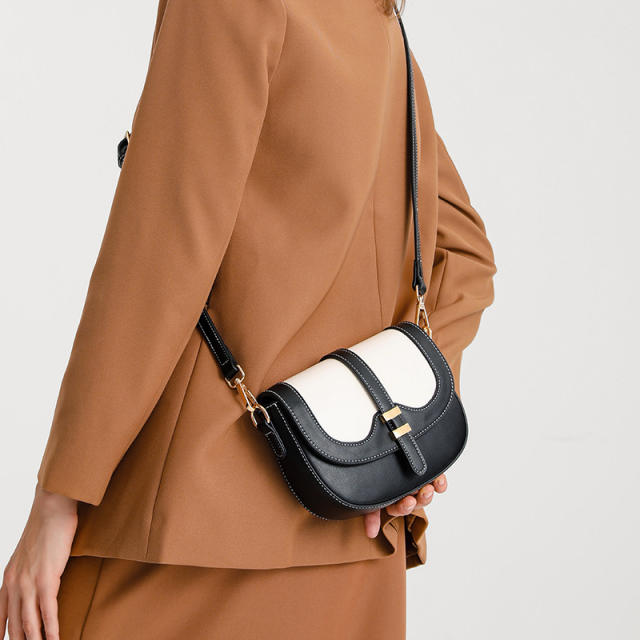 Fashionable color matching leather saddle crossbody bag