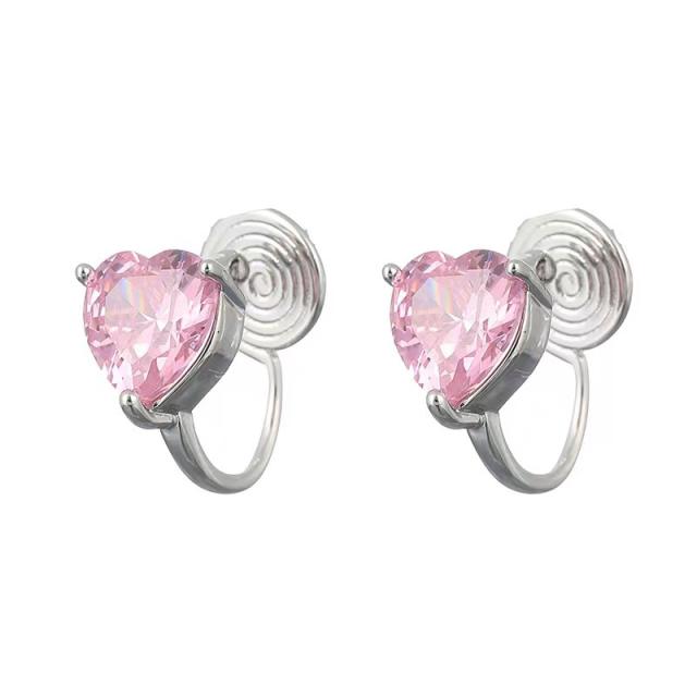 Concise heart cubic zircon clip on earrings