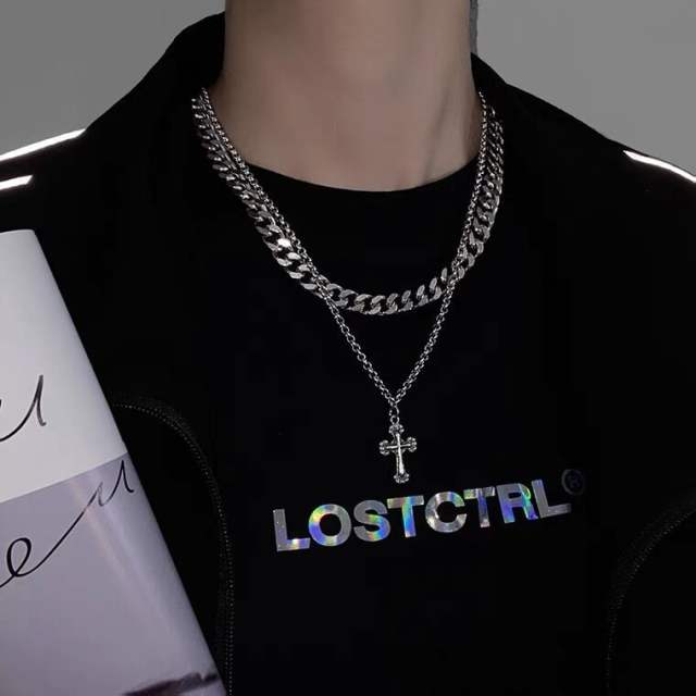 Hiphop two layer cross charm cuban chain stainless steel necklace for men