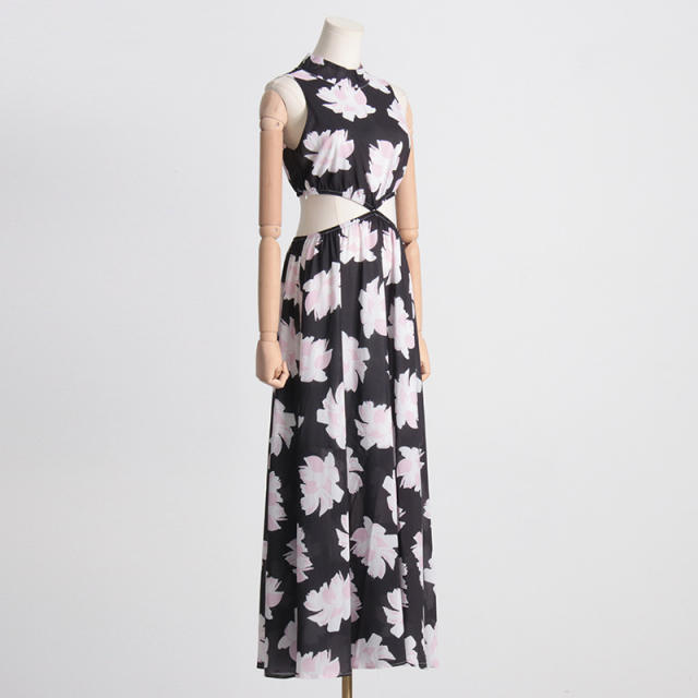 Vintage high neck flower printing maxi dress