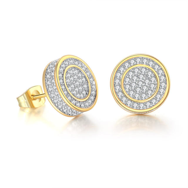 Hiphop full diamond gold plated copper ear studs for men