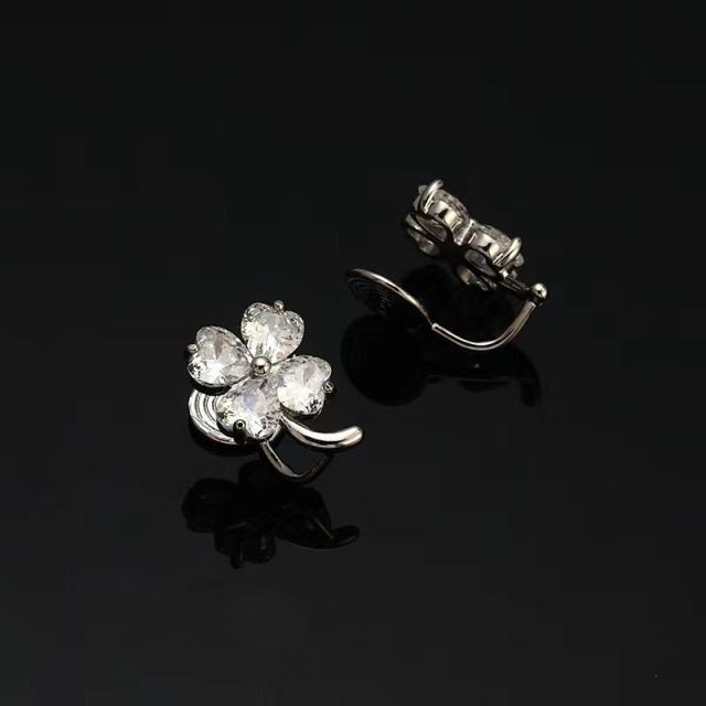 Delicate diamond clover copper clip on earrings