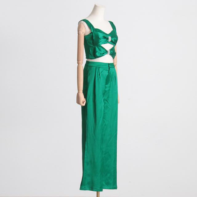 Summer design plain color cute bow crop tops pants set