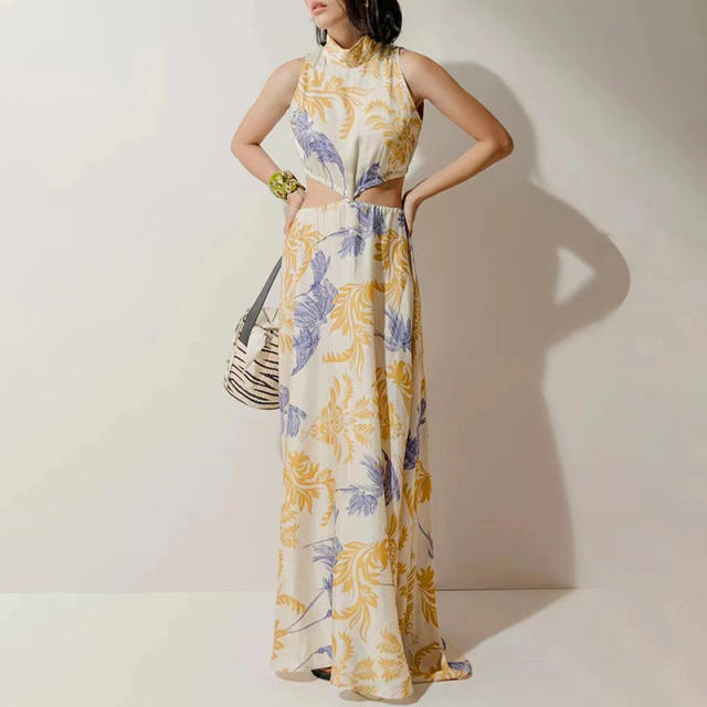 Vintage high neck flower printing maxi dress