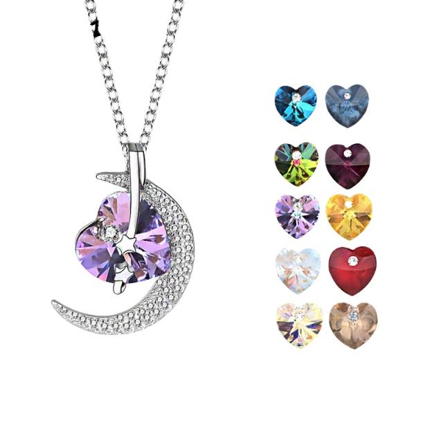 925 sterling silver chain austrian crystal heart moon pendant necklace