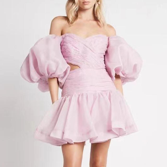 Sweet plain color balloon sleeve off shoulder short dress