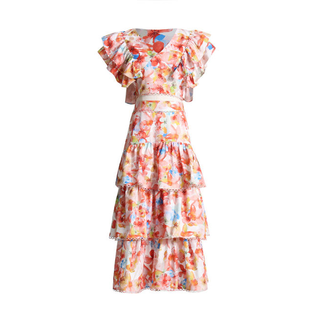 Summer design v neck floral crop tops maxi skirt set
