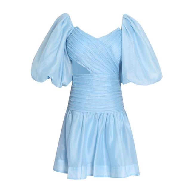 Sweet plain color balloon sleeve off shoulder short dress