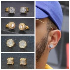 Hiphop full diamond gold plated copper ear studs for men
