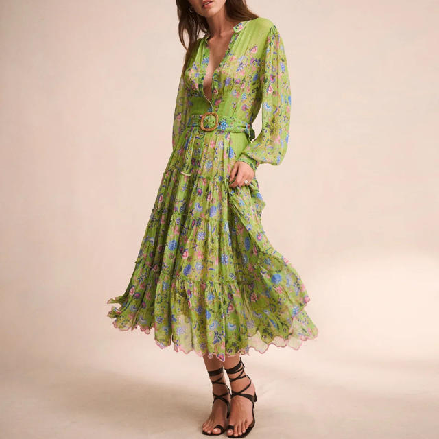 Elegant green color floral printing long sleeve maxi dress