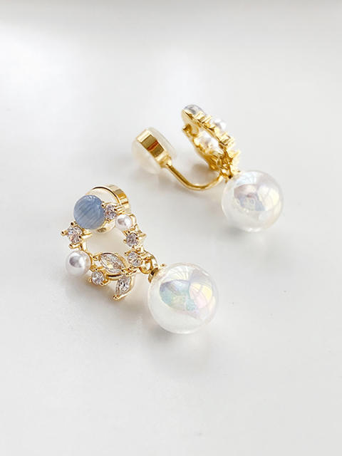 Opal stone pearl drop clip on earrings