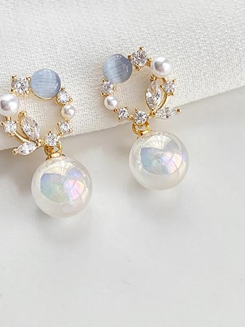 Opal stone pearl drop clip on earrings