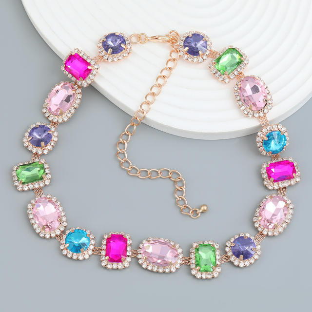 Exaggerated color glass crystal statement alloy choker necklace