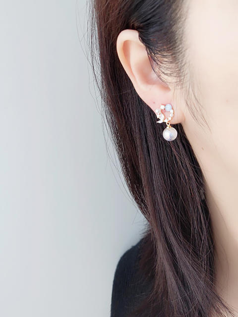 Opal stone pearl drop clip on earrings