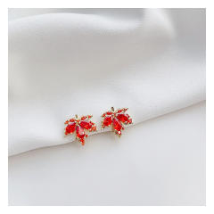 Red crystal maple leaves copper clip on earrings