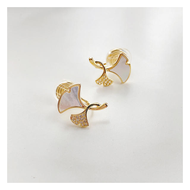 Gold plated mother shell ginkgo leaf clip on earrings