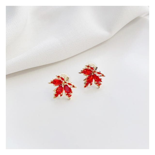 Red crystal maple leaves copper clip on earrings
