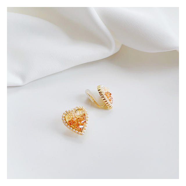 Champagne crystal heart clip on earrings