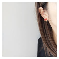 Red crystal maple leaves copper clip on earrings