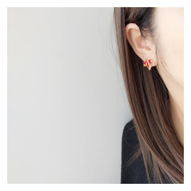 Red crystal maple leaves copper clip on earrings