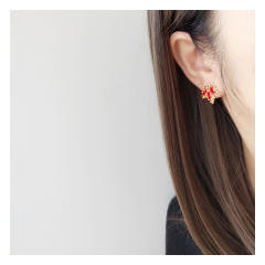 Red crystal maple leaves copper clip on earrings