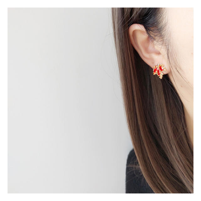 Red crystal maple leaves copper clip on earrings