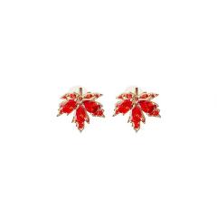 Red crystal maple leaves copper clip on earrings