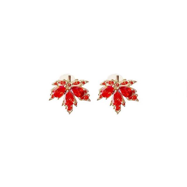 Red crystal maple leaves copper clip on earrings