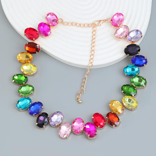Exaggerated color glass crystal statement alloy necklace