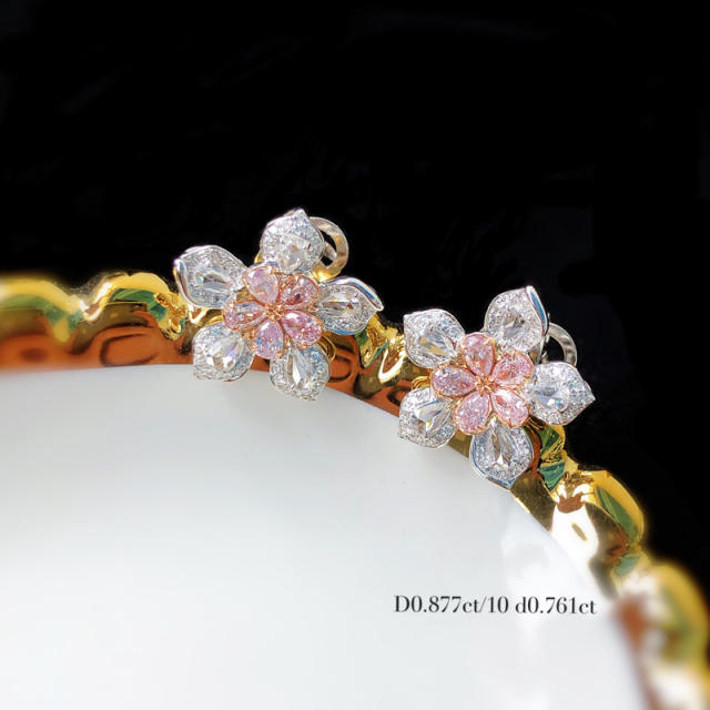 Sweet pink cubic zircon flower pendant copper necklace set