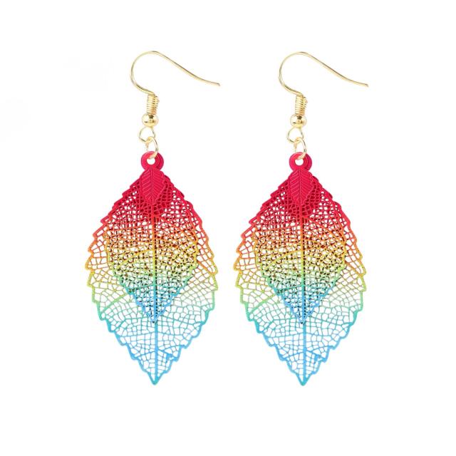 Vintage hollow out colorful leaf copper dangle earrings