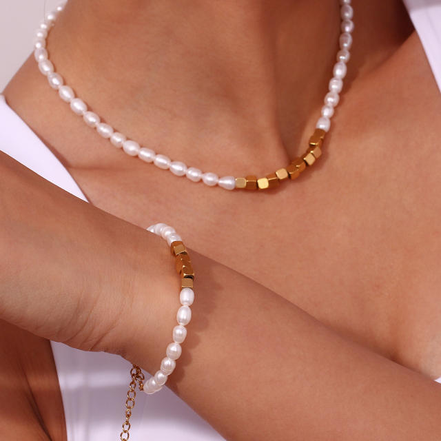 Chic water pearl bead stainless steel bead necklace set