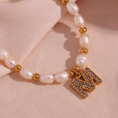 Chic diamond initial letter water pearl choker necklace
