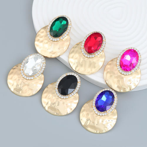 Vintage gold color metal glass crystal statement geometric earrings