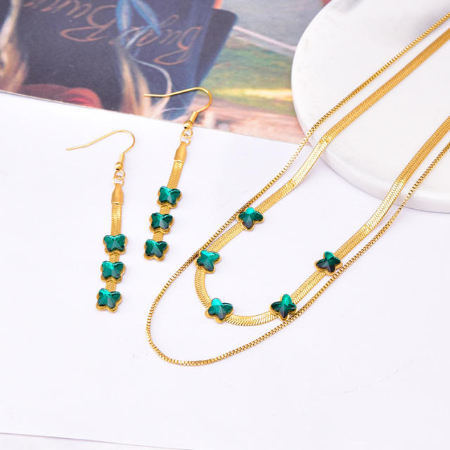 Classic emerald two layer stainless steel necklace set