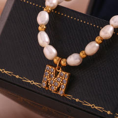 Chic diamond initial letter water pearl choker necklace