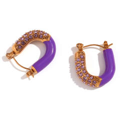 Luxury pave setting rhinestone enamel stainless steel huggie earrings