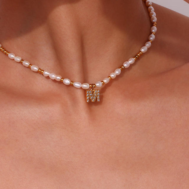 Chic diamond initial letter water pearl choker necklace