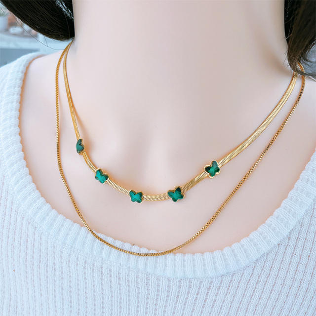 Classic emerald two layer stainless steel necklace set